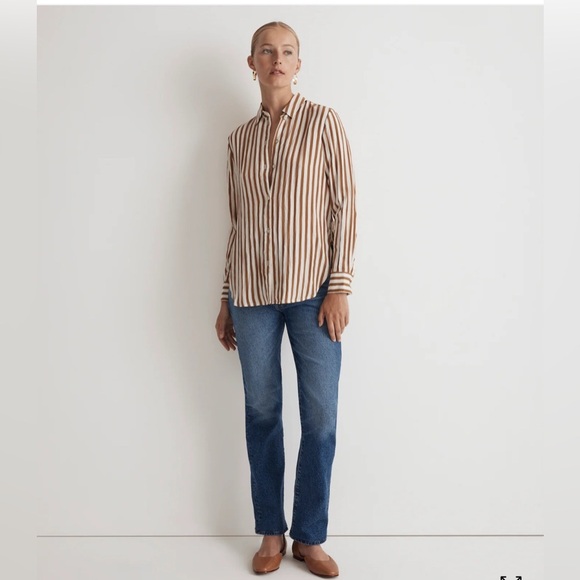 Madewell Women’s Crinkle Button-Up Shirt – Relaxed Fit, Toffee Stripe, Size Medi - Picture 1 of 9